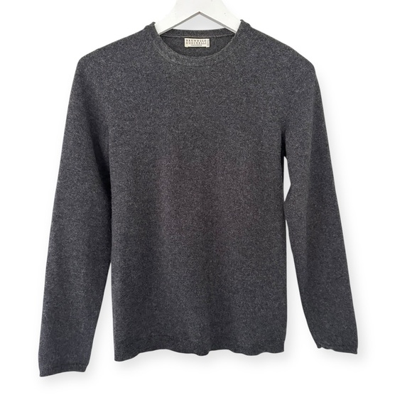 Brunello Cucinelli • Gray Cashmere Sweater w/ Leather Elbow Patches
